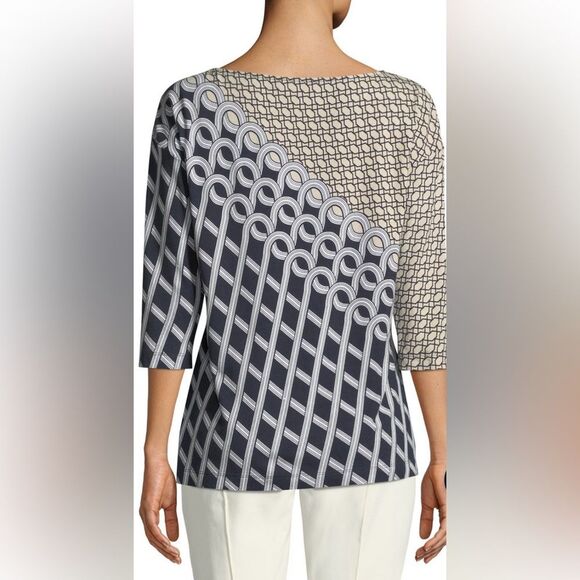 St. John Blouse Chain Swirl 3/4-Sleeve Shirt Top Black and Beige Women’s Size XL - Picture 2 of 13